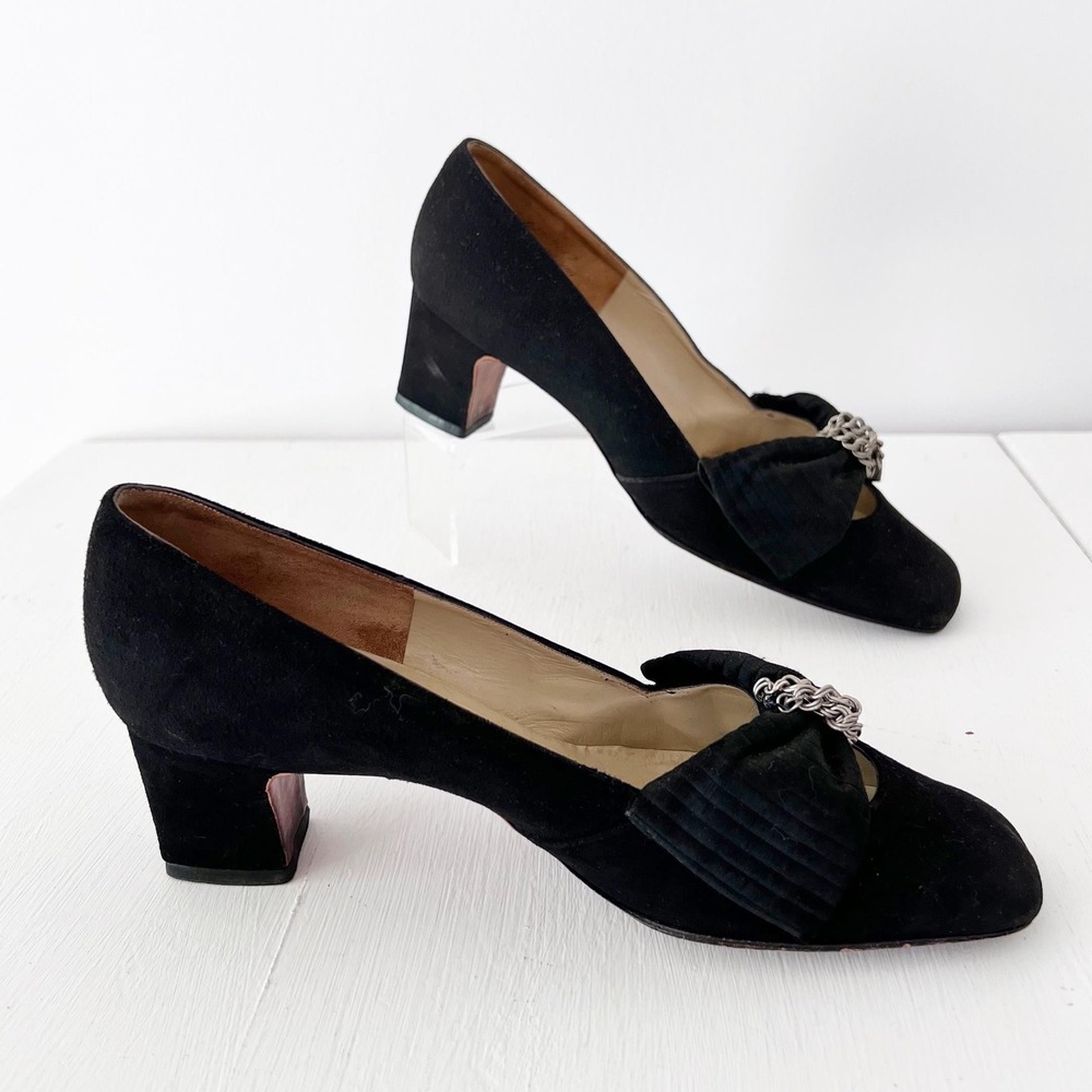 Rayne Pumps Black Suede Square Toe Bow Chain Block Heel Vintage Womens 5.5‎